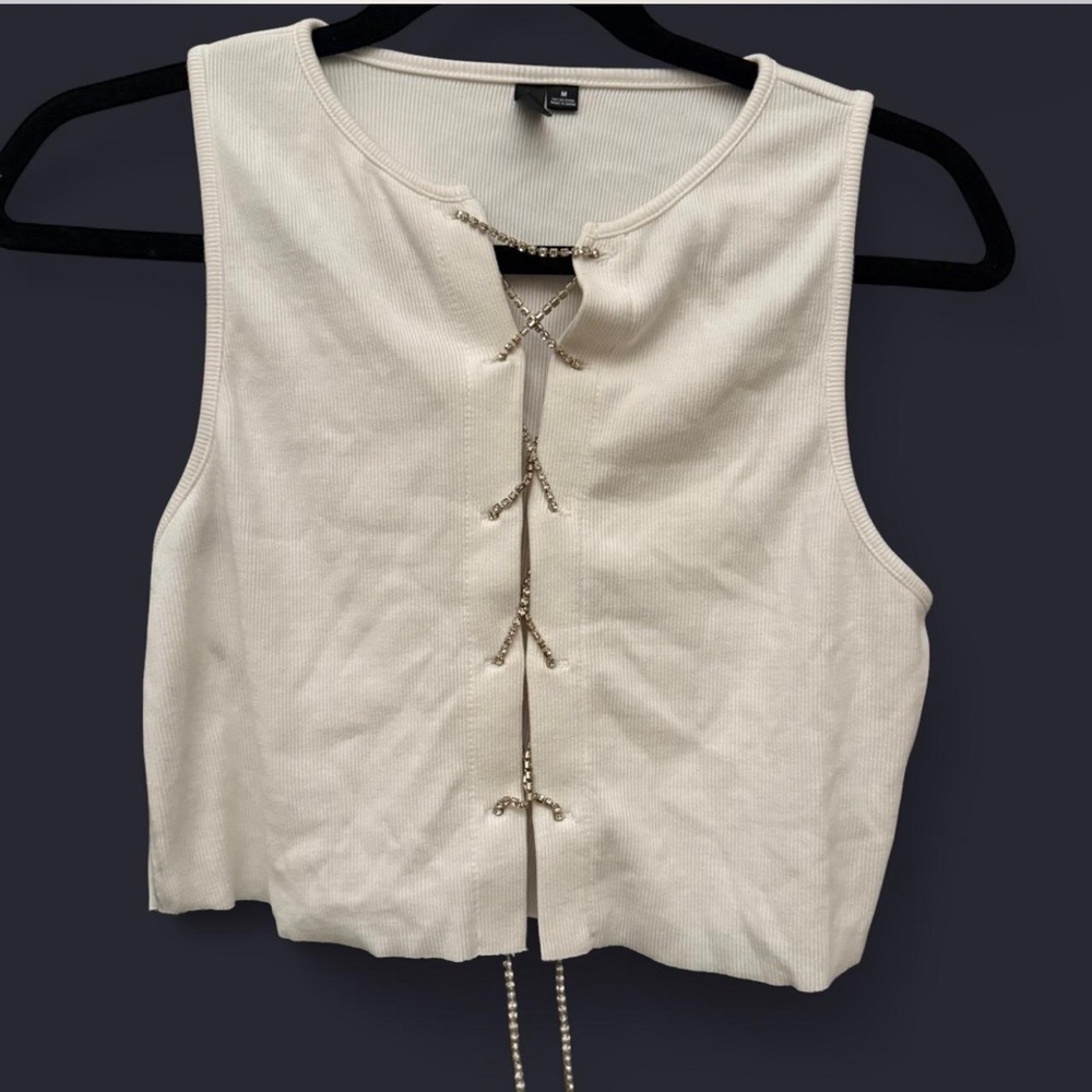 White Sleeveless Top with Rhinestone Tie Detail